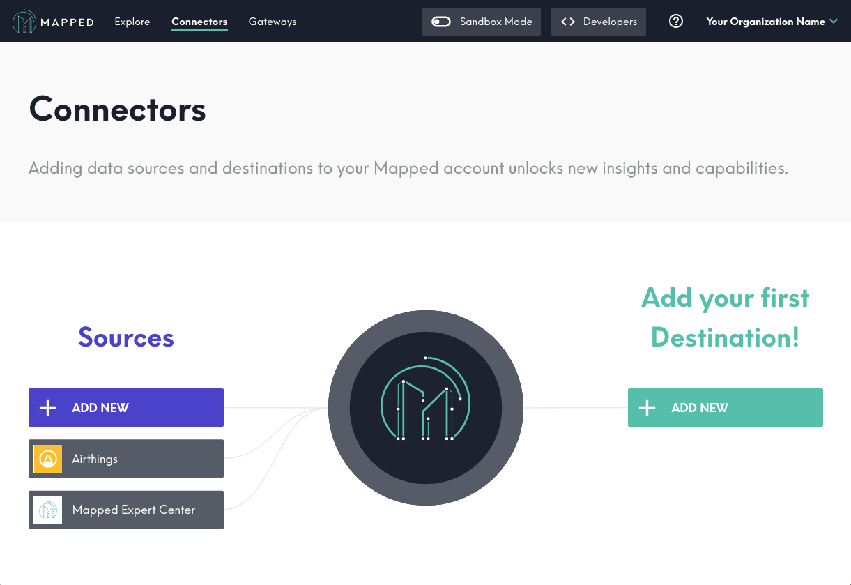 Screenshot of the Mapped Console Connectors page with Source and Destination connectors on either side, and a button to add new for each.