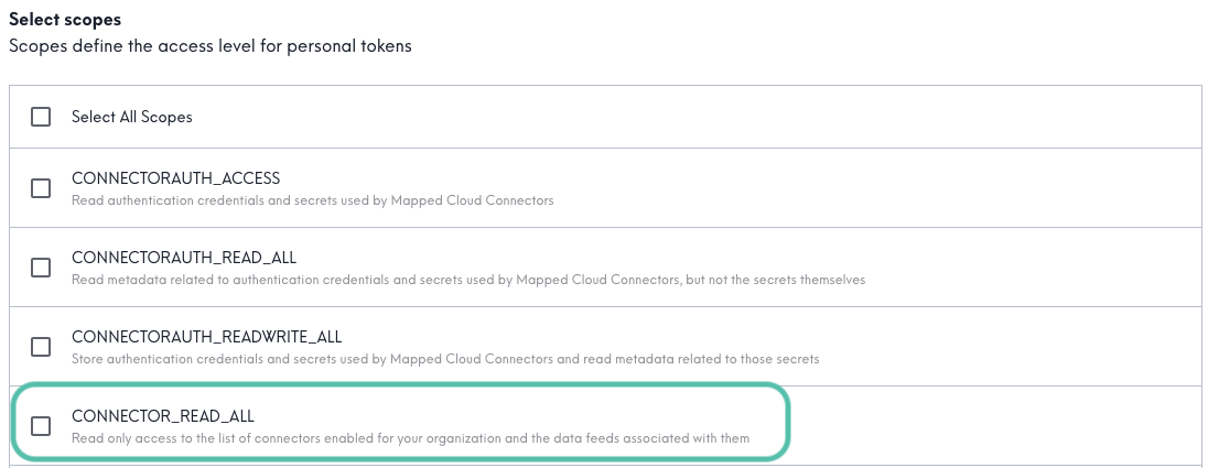 Screenshot of Personal Access Token generation page, with CONNECTOR_READ_ALL encircled.