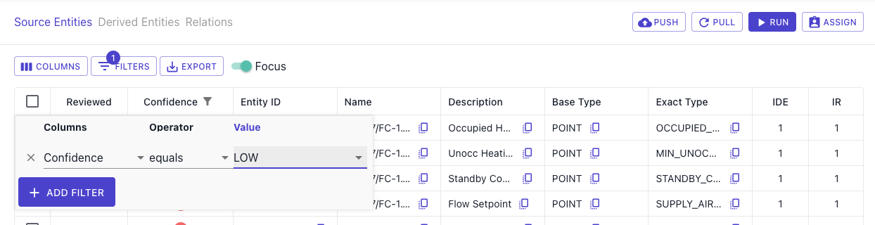 Screenshot of the Mapped UG Label Page for fictional Mapped Organization TenantyWorks with a Filter for Low Confidence.