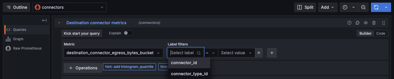 Screenshot of Grafana Explore query builder, with Metric destination_connector_egress_bytes_bucket and Label Filters selected to show connector_id and connector_type_id in the dropdown.