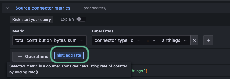 Screenshot of Grafana Explore query builder close up, with hint: add rate circled.