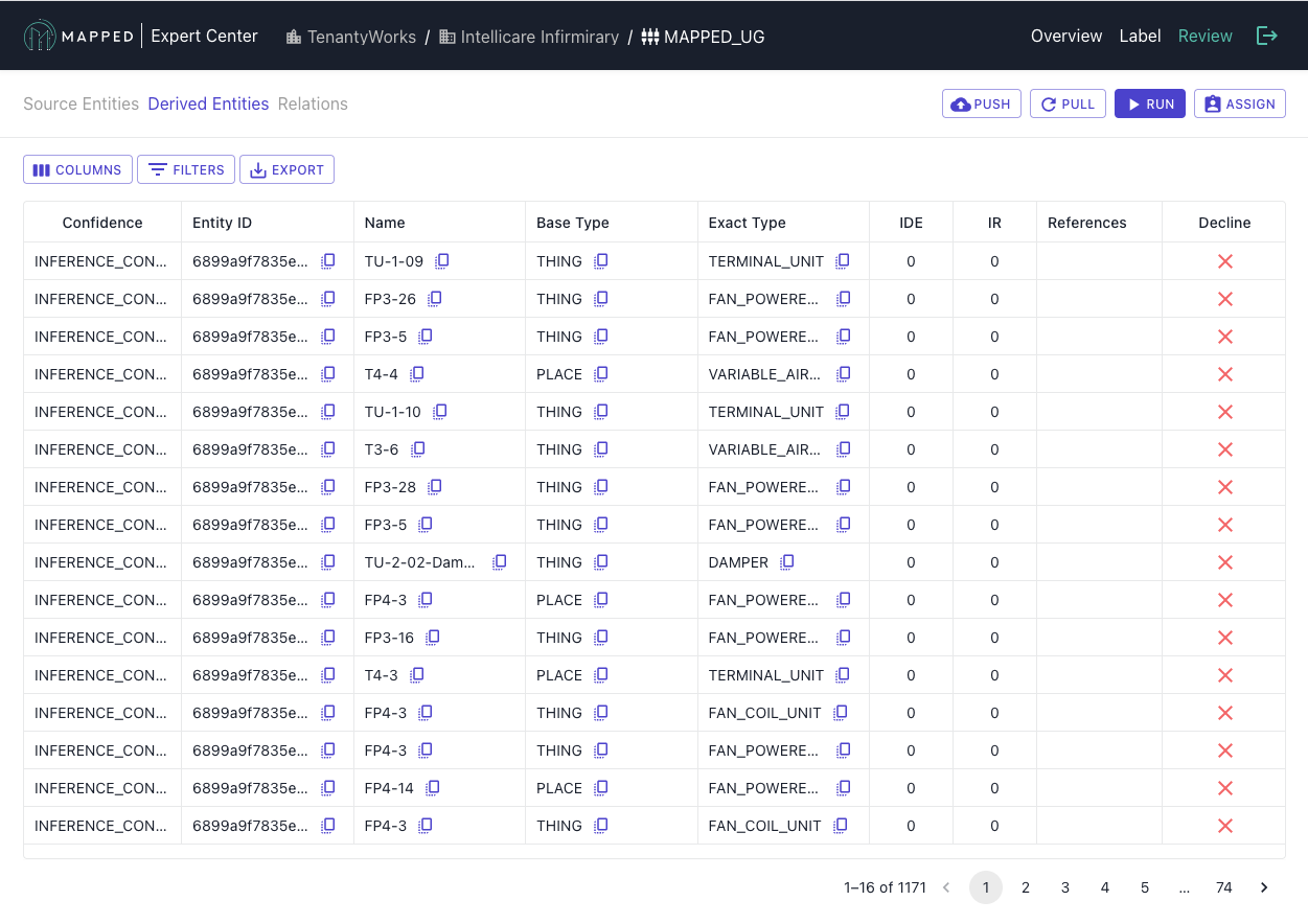 Screenshot of the Mapped UG Review Derived Entities tab