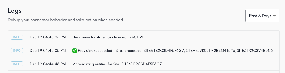 Screenshot of Logs tab with success messages from the past 3 days.