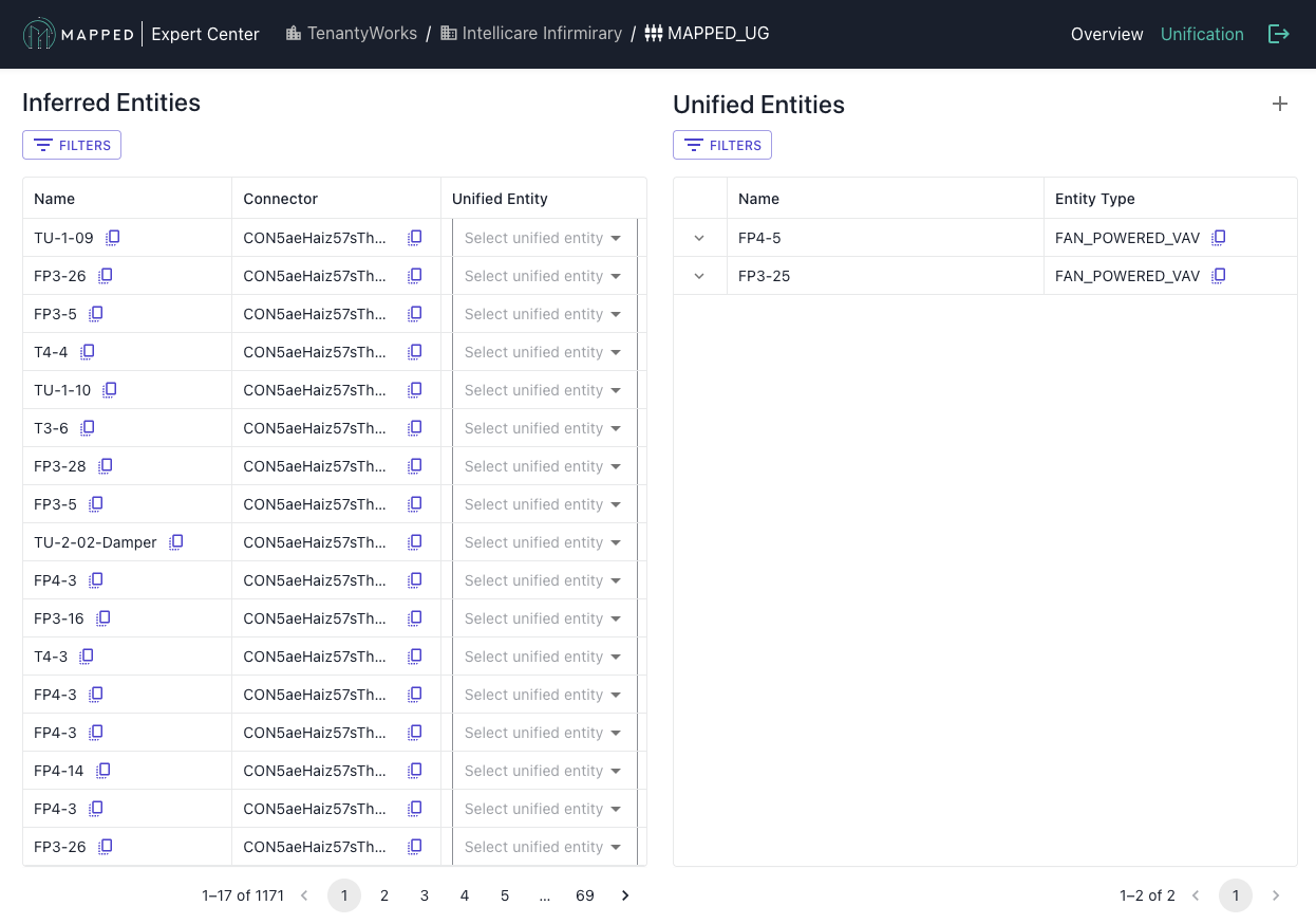 Screenshot of the Unification view with Inferred Entities in a table on the left and Unified Entities in a table on the right.